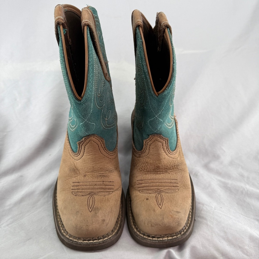 Ariat Womens Brown Leather Teal Suede Square Toe 6B Western Cowgirl Boots - Picture 6 of 9